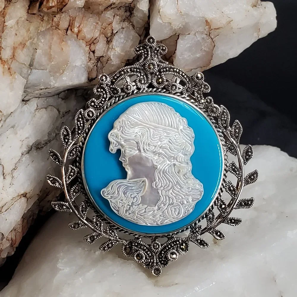 Large Cameo Pendant Brooch Sterling Silver 925 Genuine Turquoise Mother Of Pearl
